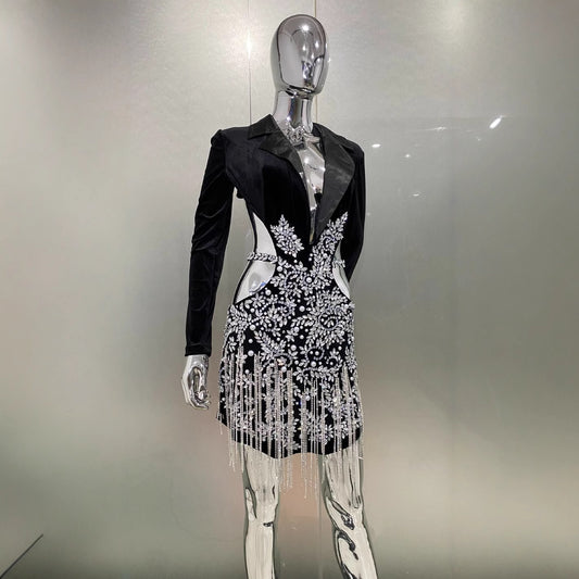 Luxury Rhinestone Tassel Sexy Cutout Suit Dress
