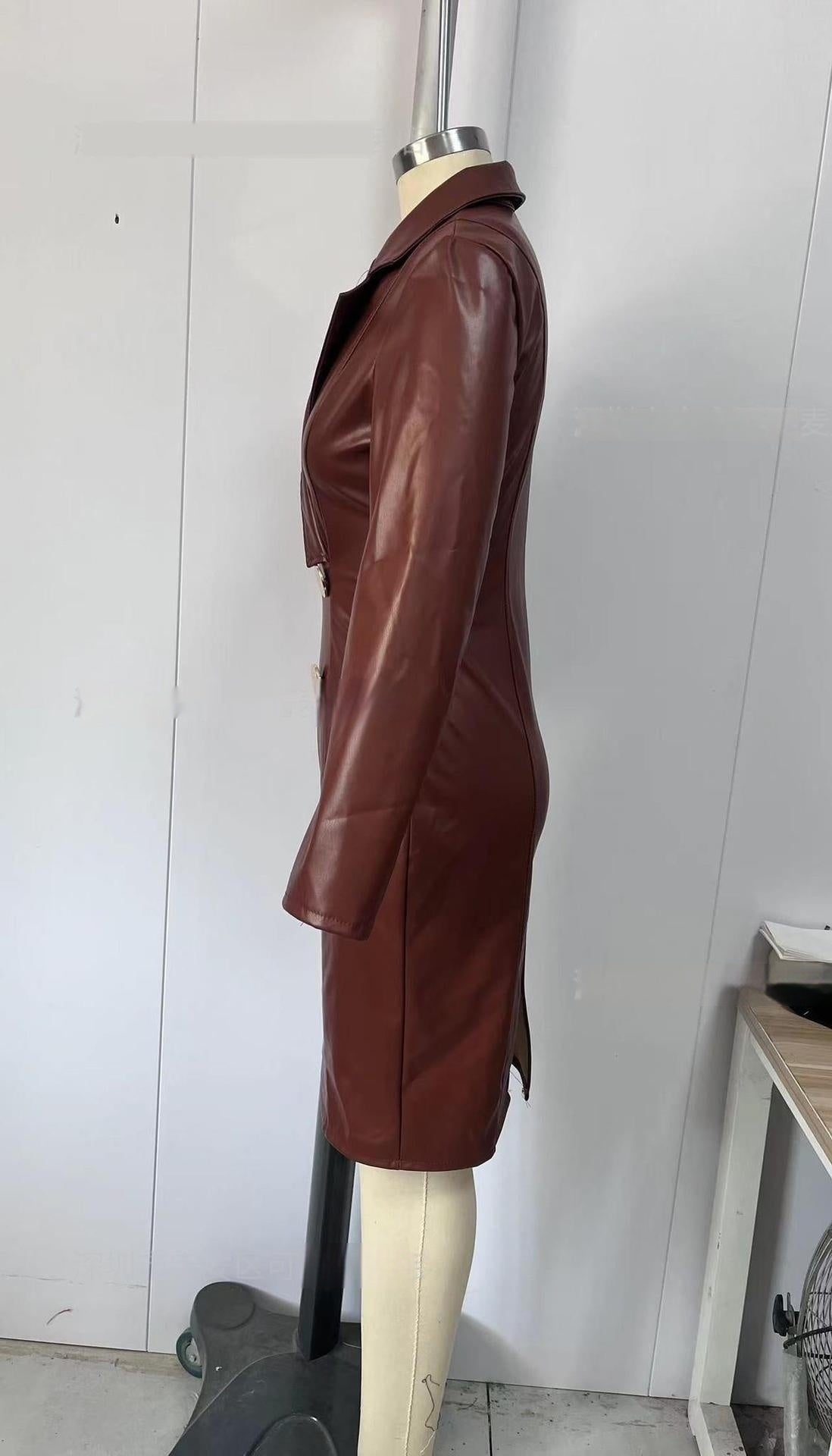 Stylish New Suit-button Long-sleeve Chic Coat PU Leather Dress For Women