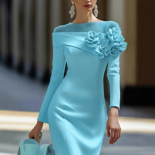 Floral-decorated Solid-color Slim-fit Dress For Women