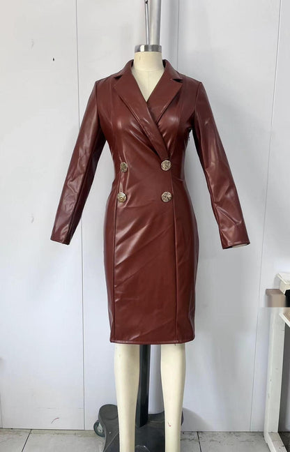Stylish New Suit-button Long-sleeve Chic Coat PU Leather Dress For Women