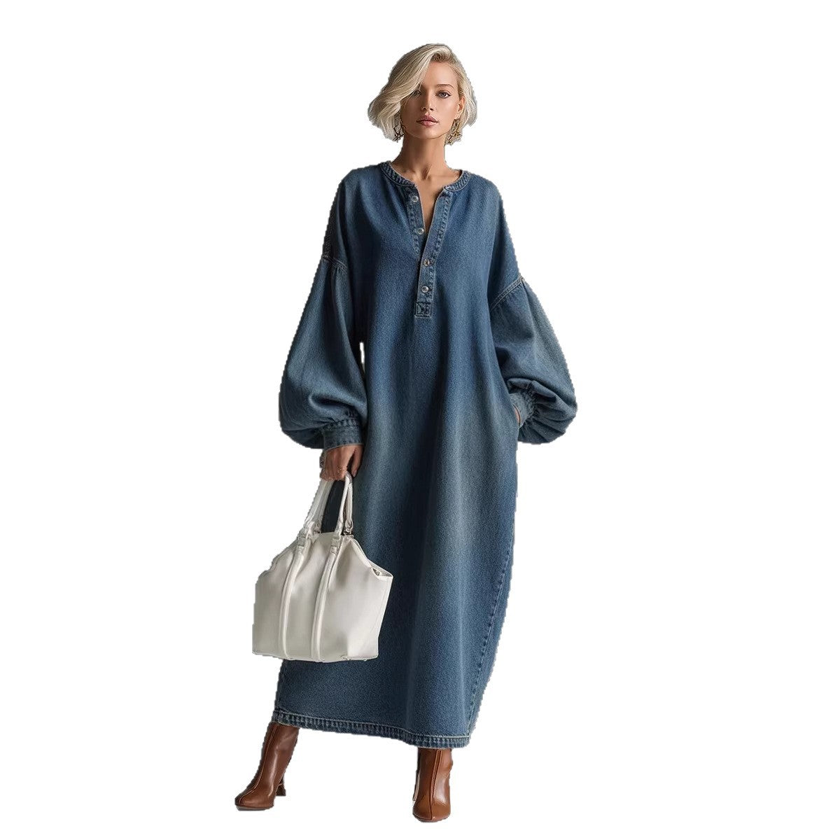 Stand-up Collar Mid-length Denim Skirt For Women Spring Season