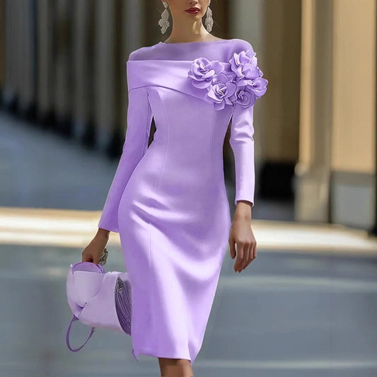 Floral-decorated Solid-color Slim-fit Dress For Women