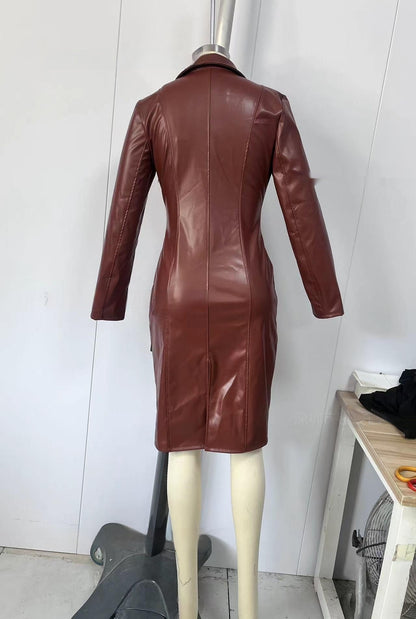 Stylish New Suit-button Long-sleeve Chic Coat PU Leather Dress For Women
