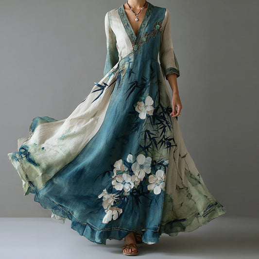 Womens V-Neck Printed Loose All-Match Dress