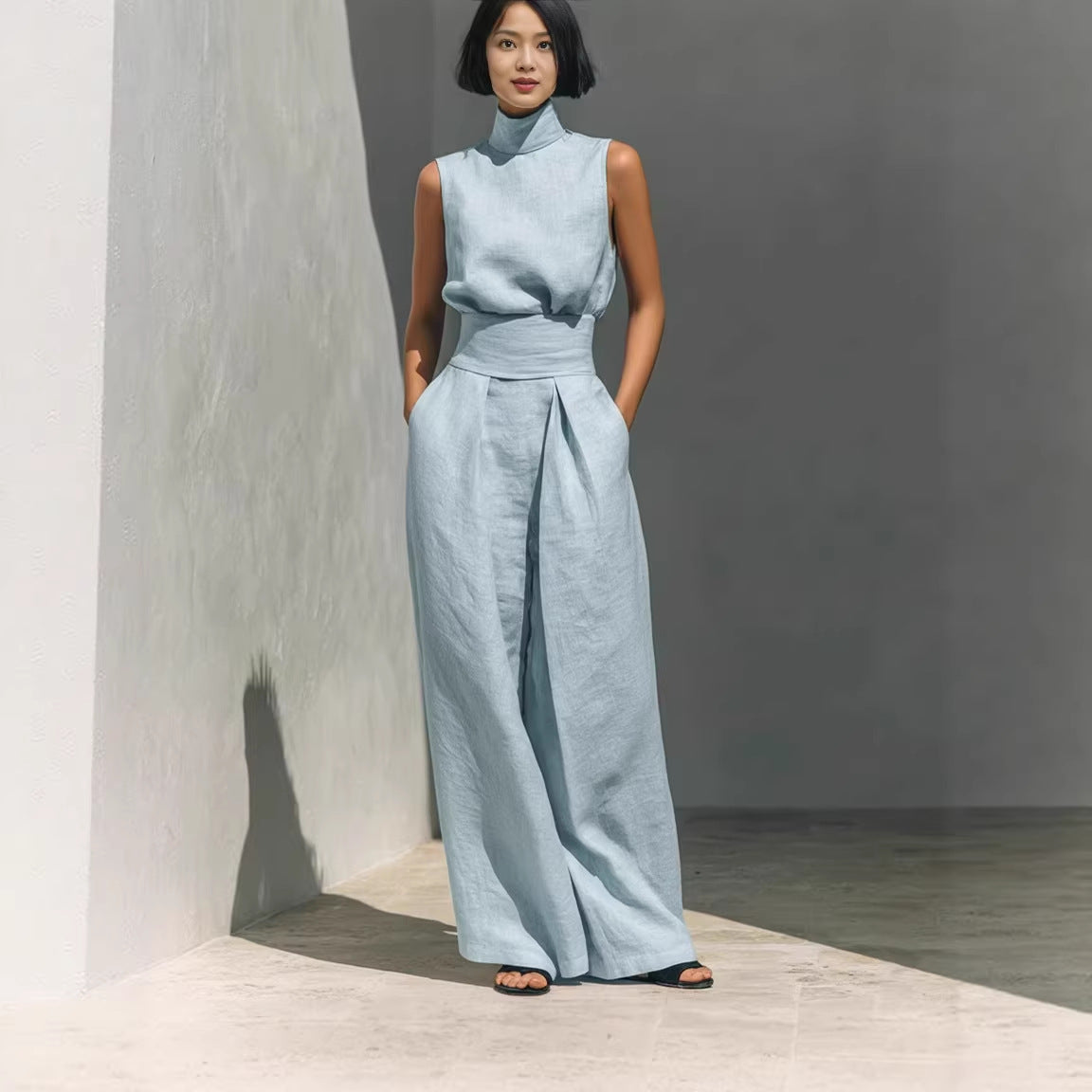 Cotton-linen Sleeveless Pants Casual Suit For Women